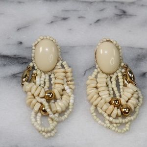 Tropical White & Gold Bead Earrings Leather Back